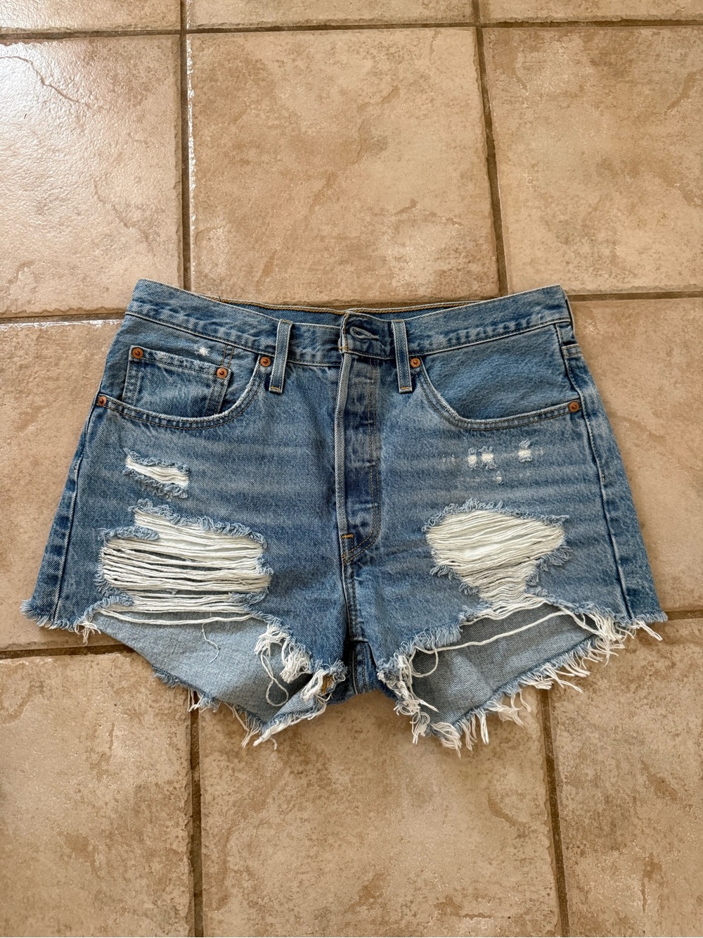 Levi's 501 Distressed Light Blue Denim Cutoff Shorts